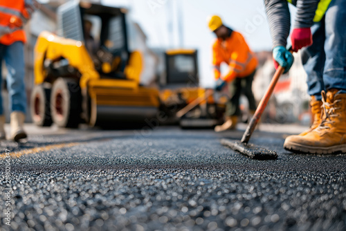 Road construction workers paving fresh asphalt with heavy machinery, improving urban infrastructure through teamwork, precision, and durable road repairs.
