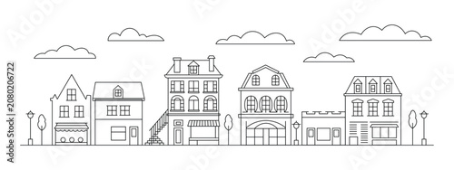 City Street Building Outline Vector – Urban Town Houses and Storefront Line Art Landscape Illustration