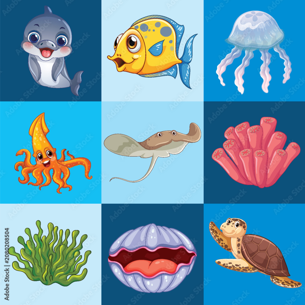 Fototapeta premium Seamless Pattern of Cartoon Sea Animals and Marine Life Icons