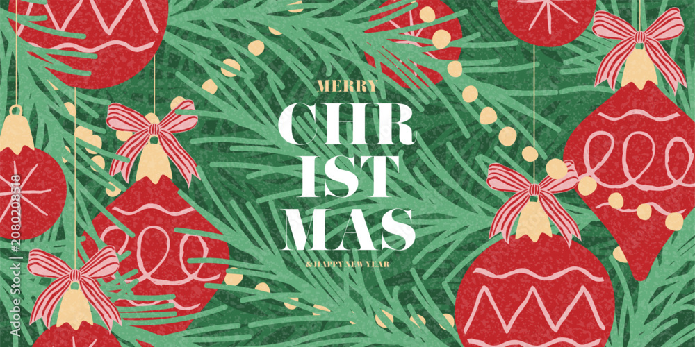 Fototapeta premium Trendy Christmas and New Year cover. Christmas background with bows, balls, fir-tree and typography design. Contemporary vector New Year banner for branding, cover, social media design.