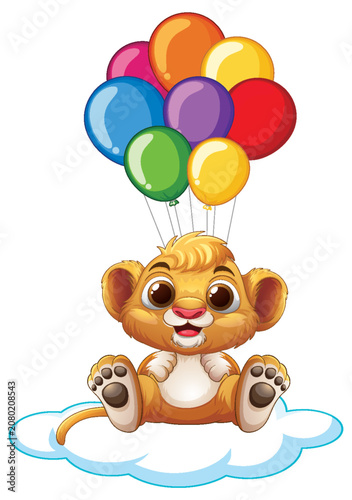 Cute Cartoon Lion Cub Sitting on Cloud with Colorful Balloons