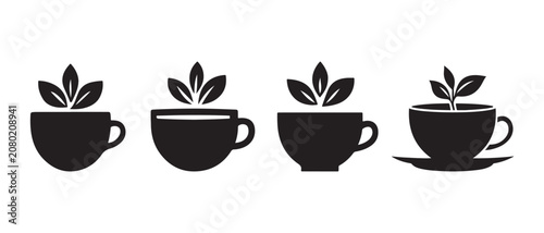 Photos Set of black tea cup icons with fresh green leaves in a minimalist flat vector design style