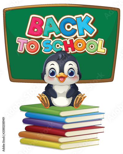 Cartoon Penguin Sitting on Stack of Books with Back to School Sign