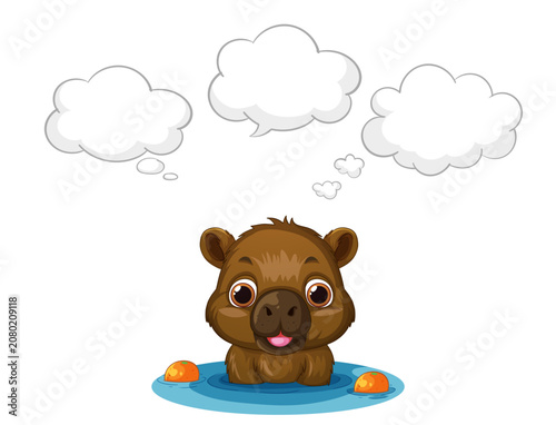 Cartoon Capybara in Water with Empty Thought Bubbles Vector Illustration