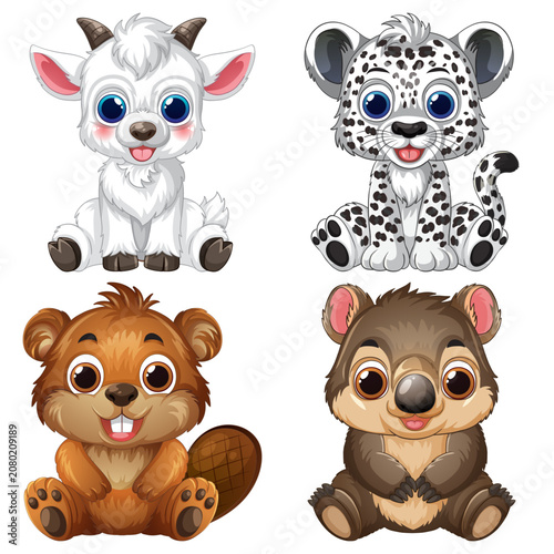 Set of Four Cute Cartoon Baby Animals on White Background