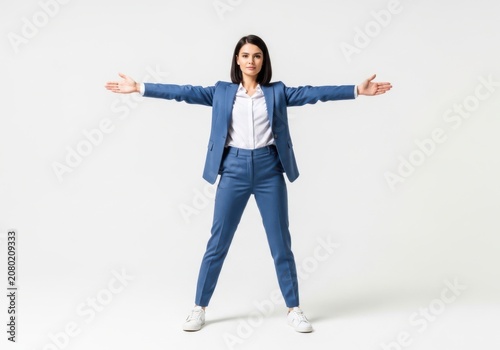 Young woman in blue suit standing with arms outstretched