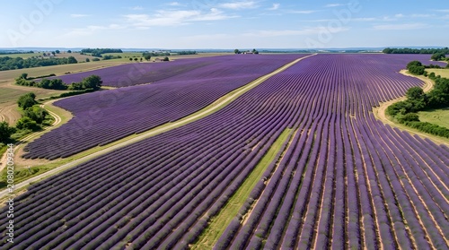 Stunning Aerial Drone View Over Vast Rows of Blooming Lavender Fields