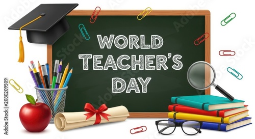 World Teachers Day celebration with chalkboard and school supplies