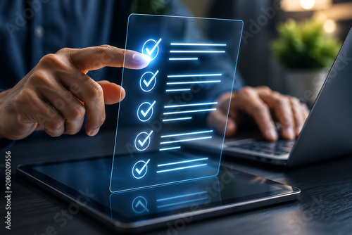 Checking off tasks on a digital checklist during a workflow with a laptop and tablet