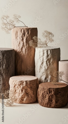 Stone cylinders display podiums with dried plants for product photography