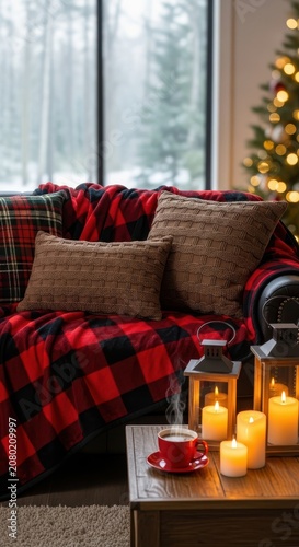Cozy Christmas Living Room with Red Plaid Blanket and Candles