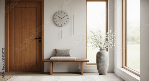 Minimalist Home Entryway with Wooden Door and Bench