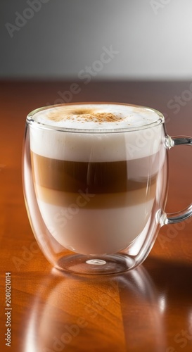Layered latte coffee in double wall glass mug on wooden table