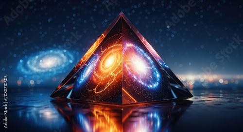 Glowing Cosmic Pyramid Featuring Swirling Galaxies In Deep Space