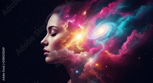Woman Head Profile Explodes with Colorful Cosmic Galaxy