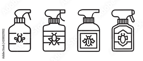 Photos Set of insecticide spray bottle icons featuring pest control symbols in a clean minimalist line style