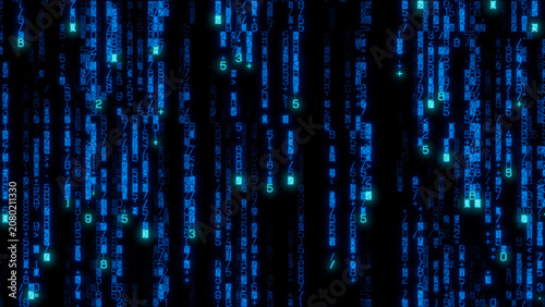 Intricate abstract digital design featuring a dense arrangement of bright blue lines and numbers on a black background, ideal for technology themes, data visualization, and modern graphic projects