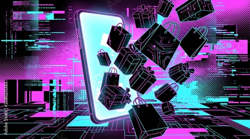 Retro-futuristic smartphone emitting neon shopping bags and gifts in digital commerce explosion