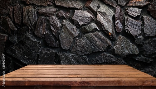Wooden Table Or Counter Top With Black Stone Wall Background