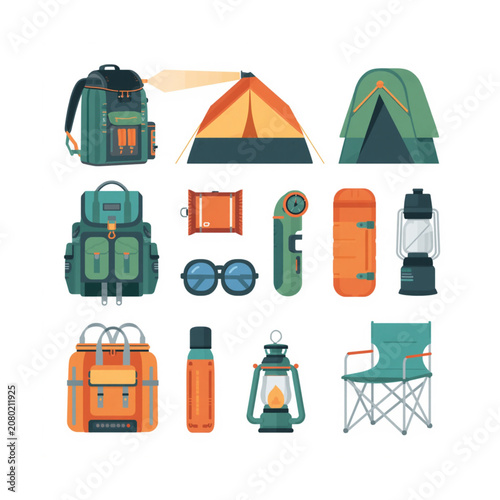 Flat Vector Illustration of Camping Gear and Outdoor Adventure Equipment