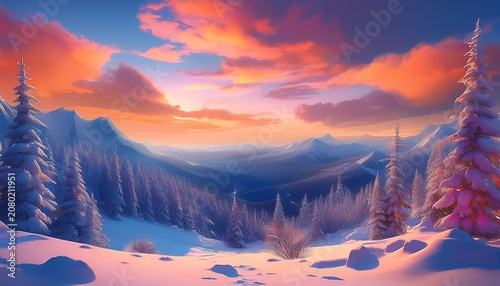Winter Cloudy Sunset Landscape In The Giant Mountains With Trees Covered With Snow