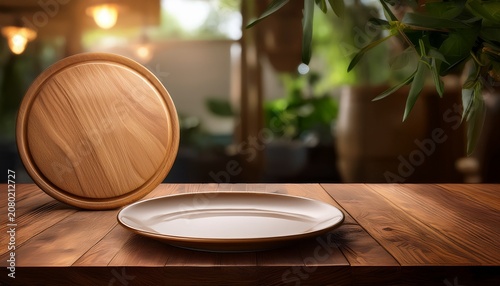 Background With Empty Plate And Wooden Table