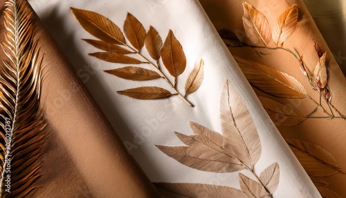 Elegant Fabric Swatches With Leaf Shadows Showcasing Textures And Warm Earth Tones