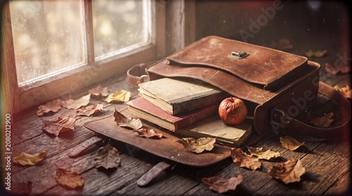 Vintage leather satchel with books and on rustic floor in autumn film