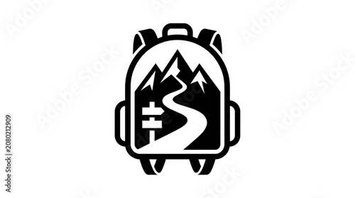 Icon of a backpack with a mountain landscape and a directional sign, symbolizing adventure, travel, and outdoor exploration opportunities