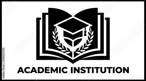Black and white vector logo for an academic institution, featuring an open book, graduation cap, and laurel wreath, embodying knowledge, learning, and success in education