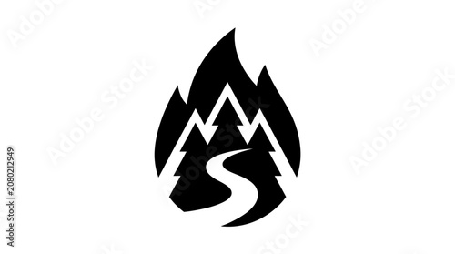 Dynamic minimalist logo depicting majestic mountains and a flowing river path, artfully contained within a unique abstract silhouette, representing wilderness exploration and natural beauty
