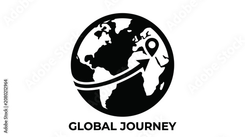 Dynamic black and white globe emblem symbolizing worldwide travel, exploration, and international connectivity with a pinpointed destination, ideal for travel themes