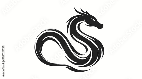 Stylized black dragon silhouette illustration, depicting a powerful mythical creature in a graceful coil, embodying strength, wisdom, and ancient fantasy