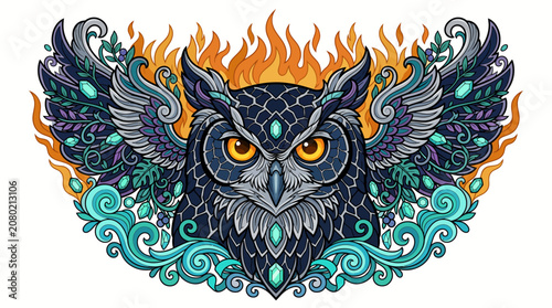 Majestic Owl Illustration with Intricate Feathers and Elemental Surroundings – Mystical Fire and Water Fantasy Art