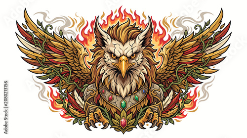Majestic griffin illustration with fiery wings and intricate botanical accents, symbolizing strength and ancient power