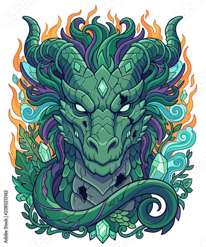 Majestic green dragon's head with flowing mane and sharp horns, surrounded by mystical flames and sparkling emerald crystals, embodying ancient power and mythical fantasy