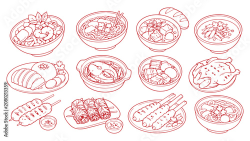 Vietnamese food icon set with pho, banh mi, rice, soup, chicken, skewers and rolls. Hand drawn monoline vector illustration, black outline on white, for menu, restaurant, street food, cuisine designs.