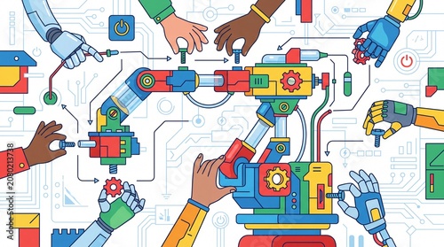 Robotic arm kit being assembled by diverse hands in vector illustration