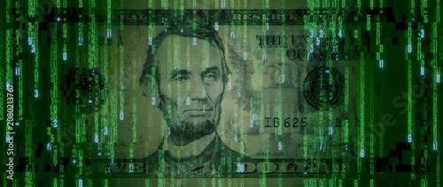 Digital Currency Concept with Five Dollar Bill made from Animated Code. Cryptocurrency Finance Background.