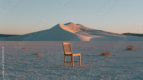 Wooden chair sitting in the middle of a vast desert-like landscape. the chair is facing towards the right side of the image, with its backrest facing towards a mountain in the background.