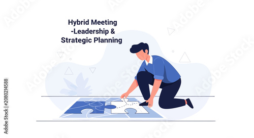 Teamwork and strategic planning: Person assembling jigsaw puzzle representing hybrid meeting and leadership