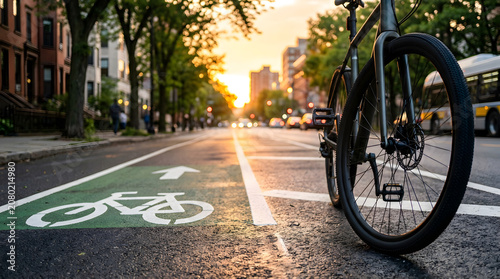 Green painted dedicated bike lane with white bicycle symbol and arrow promoting safe urban cycling infrastructure and sustainable city transit