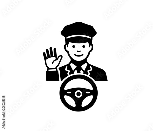Friendly driver wearing uniform waving hand behind steering wheel black glyph vector icon