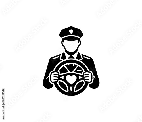 Professional driver holding steering wheel with heart shape black glyph vector icon design