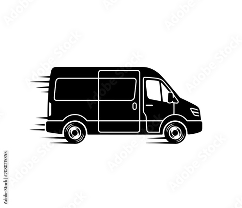 Fast delivery van vehicle moving quickly with speed lines black glyph vector icon design