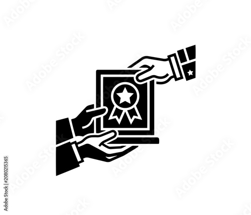 Giving award plaque icon showing a professional hand presenting a star achievement certificate sign