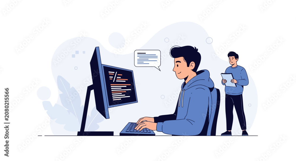 Fototapeta premium Young Developers Coding Together, Teamwork in Tech Industry, Software Development and Programming Concept
