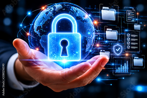 Hand holding glowing digital padlock over abstract earth network during cyber security concept