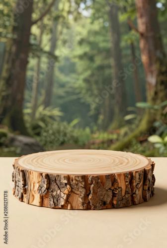 Minimalist 3D round wooden podium for product display, natural wood slice stage with blurred forest background