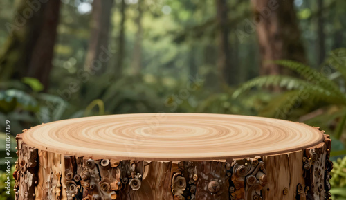 Minimalist 3D round wooden podium for product display, natural wood slice stage with blurred forest background